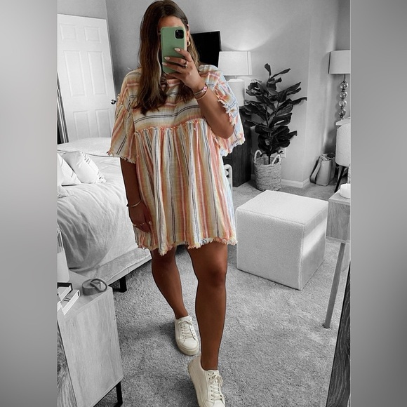 Free People Yellow Boho Tunic Babydoll Dress Size XS Cotton Fringe Oversized - Picture 1 of 11